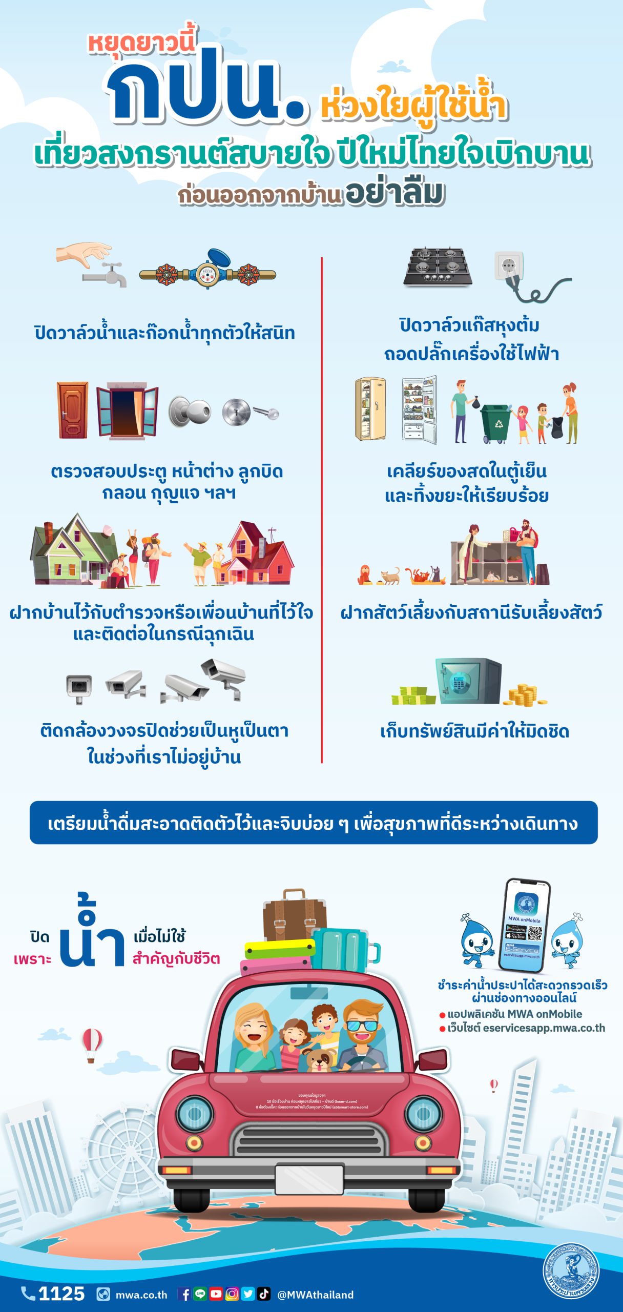 กปน. ร่วมส่งเสริม “สืบสานสงกรานต์วิถีไทย ร่วมสานใจ สู่สากล” แนะดูแลความปลอดภัยภายในบ้าน ปิดน้ำ ปิดไฟ ก่อนออกเดินทาง