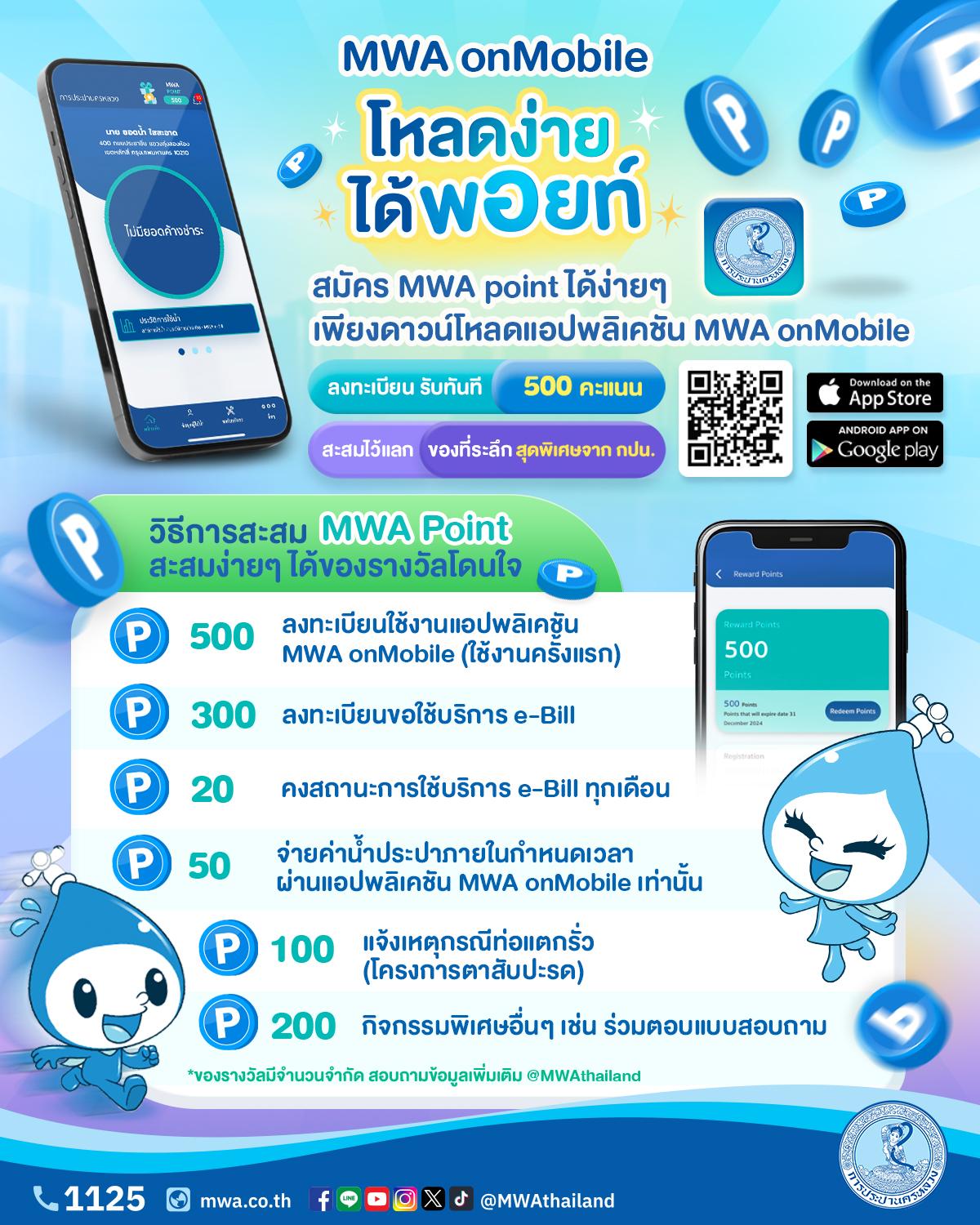 การประปานครหลวง (กปน.) ชวนดาวน์โหลดแอปฯ MWA onMobile และสะสมคะแนน MWA Point แลกของรางวัลโดนใจ⭐📱