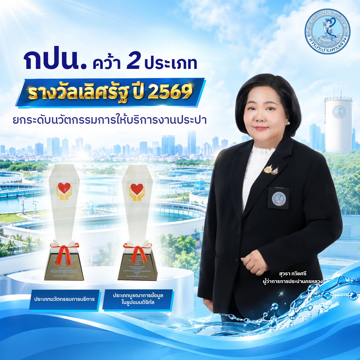 กปน. คว้า 2 ประเภท ปี 2569 พัฒนาไม่หยุดยั้ง ยกระดับนวัตกรรมการให้บริการงานประปา